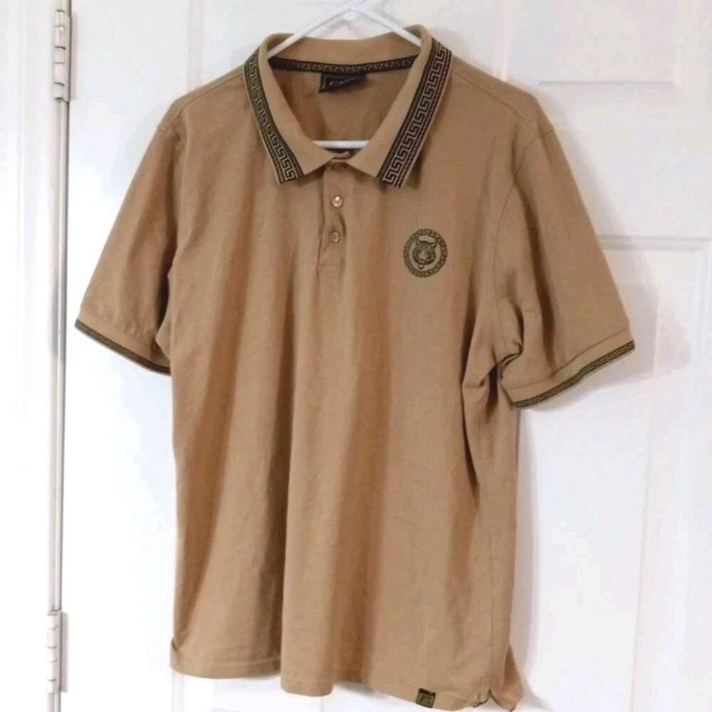 CASA MODA COUTURE Polo Men's Size XL Or Pur Gold Tiger Logo Shirt Greek Pattern